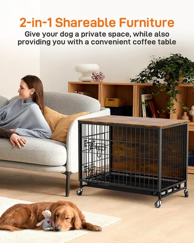 Vista 3 de Furniture Style - Jaula para perros con bandeja extraíble y ruedas, mesa auxiliar de jaula de doble puerta resistente, 38.6 pulgadas, casa de Marrón