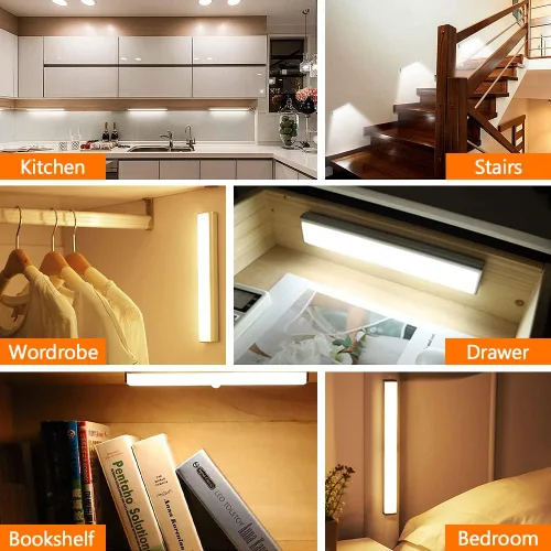 Vista 11 de Paquete de 6 luces LED con sensor de movimiento, 10 luces LED para armario, funciona con pilas, barra de luz nocturna magnética adhesiva
