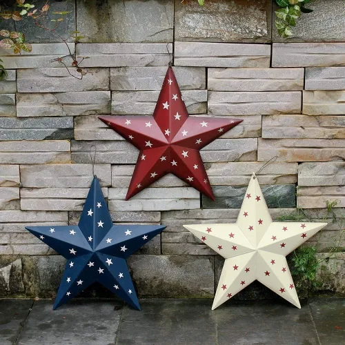 Vista 4 de Juego de 3 estrellas de granero de metal, decoración de pared patriótica estadounidense con bandera americana americana para colgar en interiores