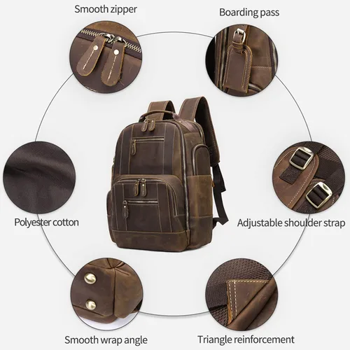 Vista 6 de BOSTANTEN Mochila de cuero para hombres 15.6 pulgadas mochila portátil vintage viaje oficina bolsa de hombro gran capacidad, Z-café claro, Mochilas