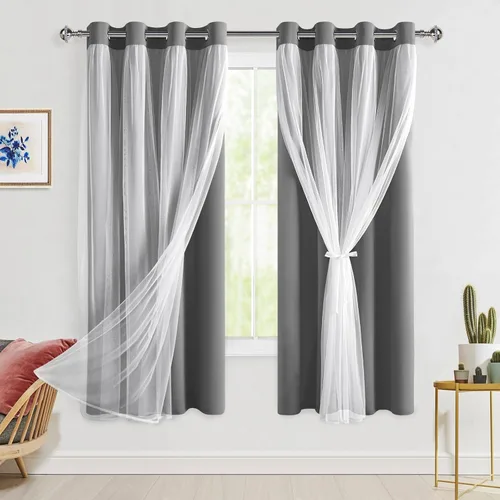 Vista 17 de Hiasan Cortinas opacas con superposición transparente, aislamiento térmico para mezclar y combinar de doble capa, cortinas de oscurecimiento de Beige
