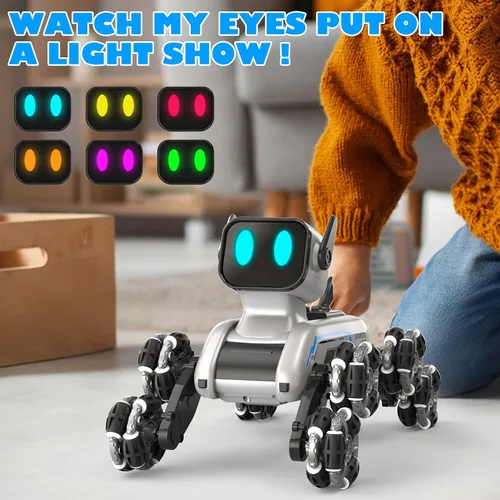 Vista 4 de SIMREX Robot Perro RC Coche de Acrobacias Juguetes - Coche de control remoto con detección de gestos con ruedas Mecanum, ojos LED, 3 efectos