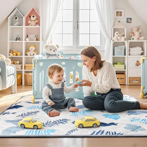 Vista 5 de Tapetes de juego para bebé, 43 x 43 pulgadas, tapete de espuma acolchada gruesa para bebés y niños pequeños, antideslizante y lavable a máquina