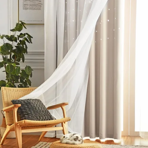 Vista 9 de Loyala Cortinas opacas de doble capa con diseño de estrellas para dormitorio de niños, bonitas, 63 pulgadas de largo, juego de 2 paneles, beige, 42