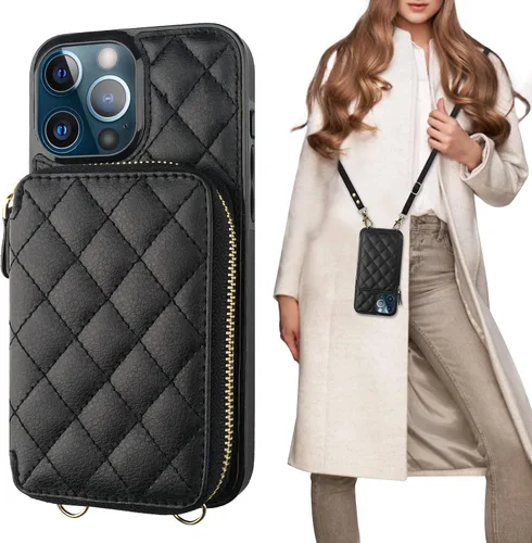 Vista 12 de Bocasal Funda tipo cartera cruzada para iPhone 13 Pro Max, bloqueo RFID de cuero PU con cremallera, bolso cartera con tapa plegable, funda tipo Beige