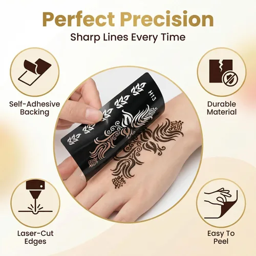 Vista 9 de Kotbs 32 hojas de plantillas de tatuaje de henna para manos, antebrazo, pintura facial, arte corporal, plantillas de tatuaje de flores con purpurina
