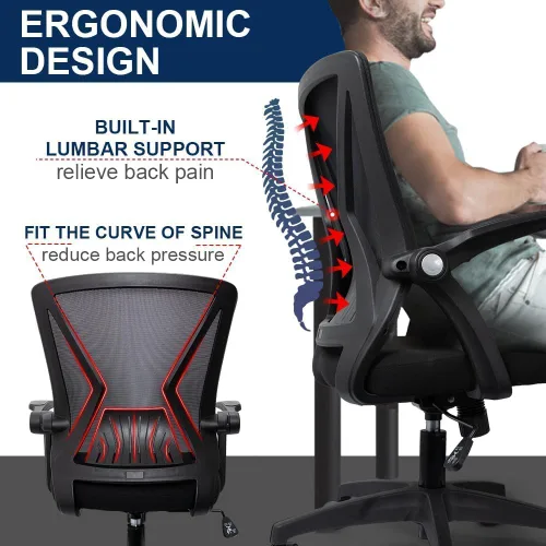 Vista 5 de TTD Silla de oficina ergonómica cómoda giratoria para el hogar, silla de escritorio moderna de malla negra con brazos abatibles, silla