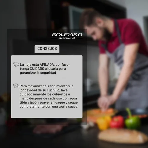 Vista 6 de Cuchillo de chef japonés de acero inoxidable de alto carbono de 8 pulgadas, cuchillo de cocina profesional extra afilado y ancho con mango