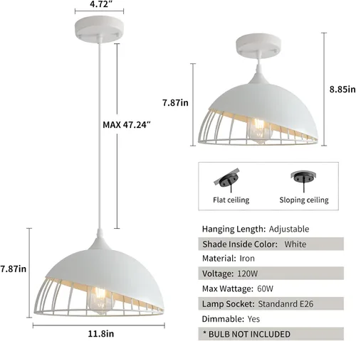 Vista 6 de Lámpara colgante blanca, 2 paquetes de 9.4 pulgadas de casa de campo, luces colgantes de cocina, iluminación colgante industrial, luces colgantes