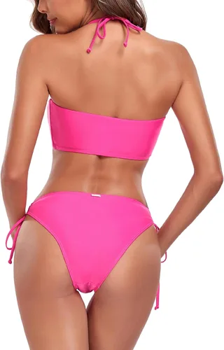 Vista 6 de RELLECIGA Conjunto de bikini bandeau para mujer, traje de baño de dos piezas ajustable con cuello halter