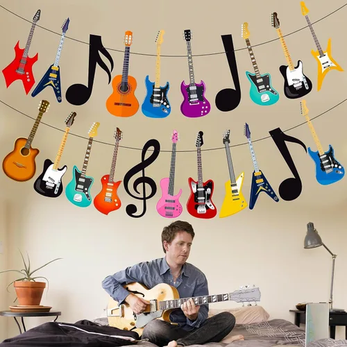 Vista 7 de Cartel de guitarra con música, guitarra, fiesta, decoración de fiesta de cumpleaños, 2 unidades, pancartas de fiesta musical para guitarra de rock