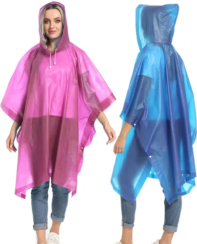 Vista 47 de Ponchos de lluvia reutilizables con capucha con cordón para adultos, abrigo de lluvia grueso impermeable, 2 paquetes