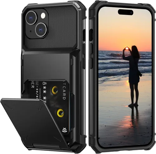 Vista 45 de Nvollnoe Compatible con iPhone 15 Funda con ranura para tarjetas, resistente, protectora de doble capa, a prueba de golpes, ranura oculta