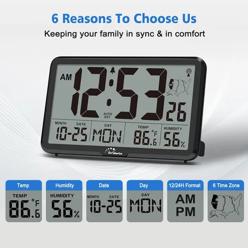 Vista 5 de WallarGe Reloj de Pared Atómico con Retroiluminación, Reloj de Pared Digital que Funciona con Pilas para Aula, Dormitorio, Oficina, Pantalla Grande