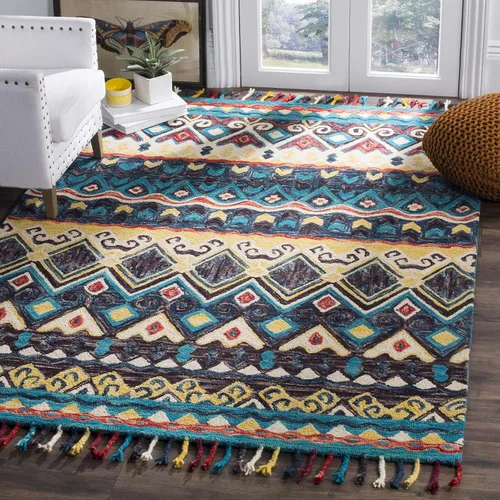 Vista 6 de SAFAVIEH Aspen Collection - Alfombra decorativa de 2 x 3 pies, azul y rojo, hecha a mano, lana trenzada con borlas, ideal para zonas de alto tráfico