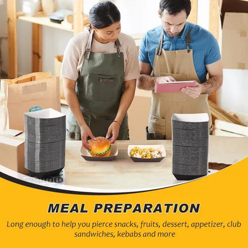 Vista 4 de 300 bandejas desechables de papel negro para nachos, barcos de papel kraft desechables de 2 libras para comida rápida, tacos, concesión, papas