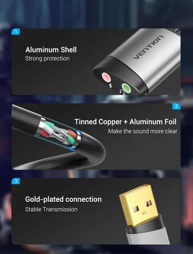 Vista 7 de Adaptador de audio USB - VENTION USB Tarjeta de sonido estéreo externa a auriculares de 0.138 in y adaptador de conector de micrófono para Windows