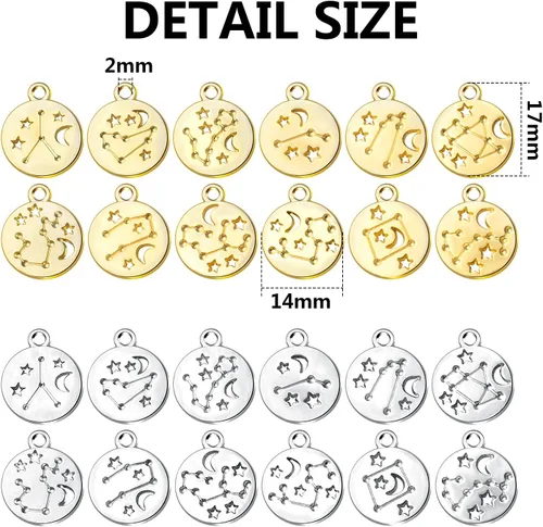 Vista 3 de Dijes redondos del signo del zodiaco, con doce constelaciones, dijes de aleación del zodiaco, dijes de doble cara para joyería, aretes, pulseras