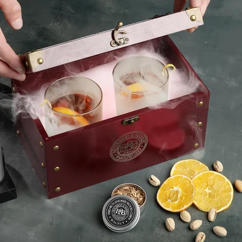 Vista 2 de BOURBON&BARREL Kit de ahumador de cóctel Fabricado con madera de nogal Kit de ahumador de whisky con ahumador instantáneo, caja de ahumar Caja