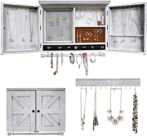 Vista 10 de Organizador de joyas rústico montado en la pared con decoración de puerta de granero de madera, soporte de pared de madera, soporte de joyería