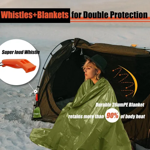 Vista 2 de Frelaxy - Paquete de 2 mantas de emergencia, extra gruesas y grandes Emergency whistles included, EVA storage case, Heat reflective