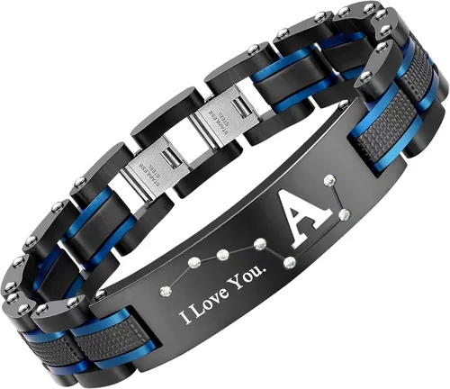 Vista 13 de Pulsera de dos tonos de acero inoxidable para hombre, chapado en iones negro y azul, regalo para hombres, marido, padre