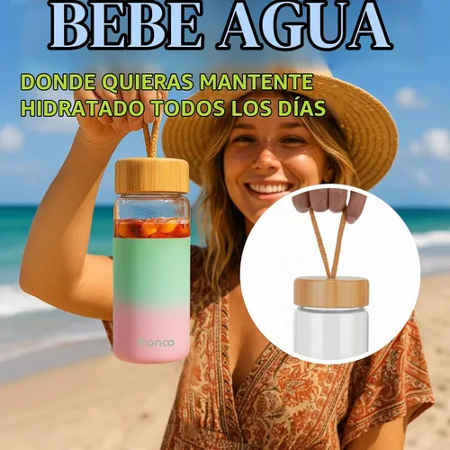 Vista 7 de Tronco Botellas de agua de vidrio de 20 onzas con tapas, botellas de vidrio de borosilicato reutilizables con tapa de bambú y funda de silicona Negro