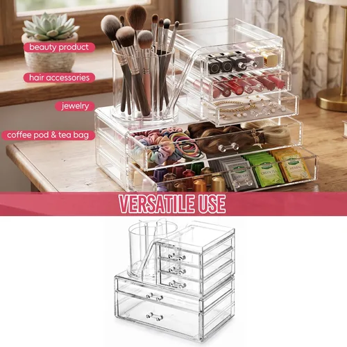 Vista 7 de ShineMe Organizador de maquillaje acrílico, organizador de cosméticos apilable de 2 niveles para tocador con soporte giratorio de 360° para brochas