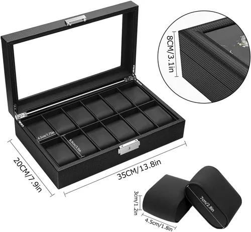 Vista 3 de anyasun Organizador de reloj para hombre, caja de reloj de 12 ranuras para mujer con tapa de vidrio grande, soporte para reloj con almohadas