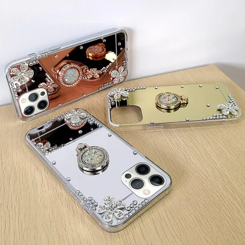Vista 6 de Compatible con iPhone 13 - Funda con espejo de maquillaje para mujeres y niñas, funda de lujo con diamantes de imitación brillantes con anillo