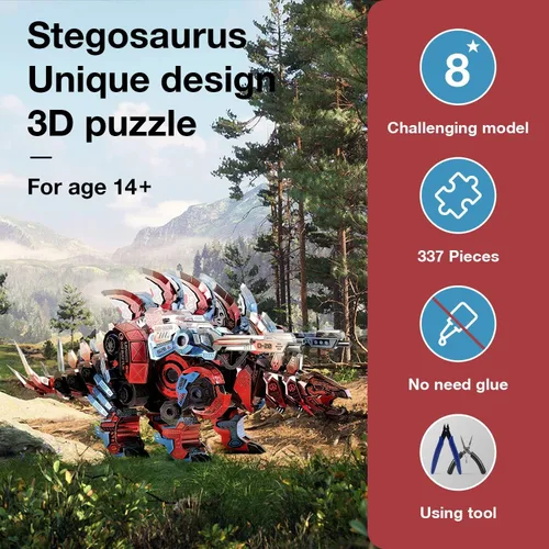 Vista 2 de Microworld Rompecabezas de metal 3D, kit de modelo de metal de estegosaurio mecánico, rompecabezas 3D de desafío de bricolaje para adultos