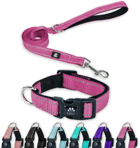 Vista 12 de FURRYFECTION Juego de collar y correa reflectante para perro con hebilla de liberación rápida, neopreno acolchado de nylon ajustable para perros
