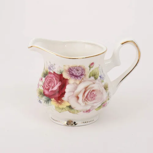Vista 6 de Juegos de té de cerámica europeos de 15 piezas,Juego de café de porcelana de hueso con soporte de metal,Colorida rosa pintura calabaza café té