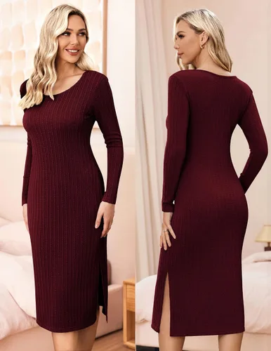 Vista 3 de Ekouaer Maternity Dress Rib Knit Long Sleeve Side Slit Bodycon Dresses Pregnancy Baby Shower Clothes S-XXL