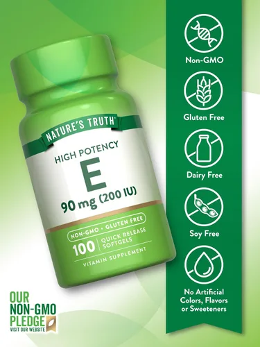 Vista 3 de Nature's Truth Cápsulas blandas de vitamina E 200 UI 100 cápsulas blandas Suplemento sin OMG y sin gluten Suplemento sin OMG y sin gluten