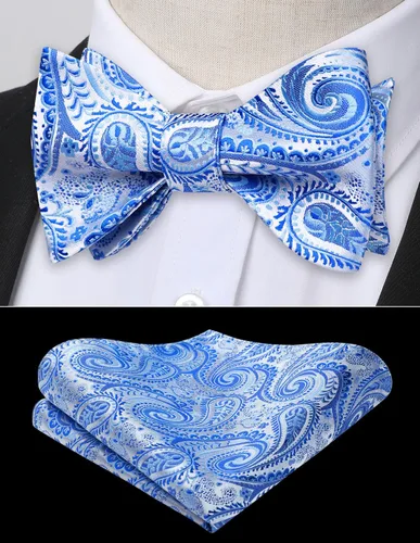 Vista 140 de HISDERN Pajaritas para hombre, corbatín de cachemira para hombre, corbata de lazo y bolsillo cuadrado, juego formal de esmoquin para boda