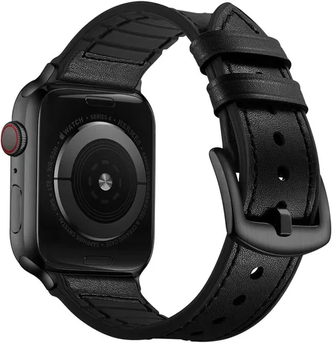 Vista 23 de OUHENG Correas de cuero compatibles con Apple Watch de 42mm 41mm 40mm 38mm, correa híbrida de cuero genuino y goma para iWatch Series 11 10 9 8 7 6