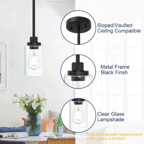 Vista 5 de TODOLUZ Lámparas colgantes industriales negras, iluminación colgante de cocina con pantalla cilíndrica de vidrio transparente para granja, comedor