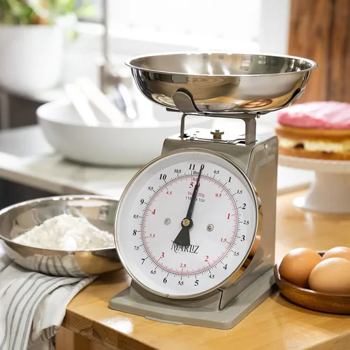 Vista 3 de MARLIZ Báscula de cocina mecánica de estilo antiguo antiguo de 11 libras con 2 tazones Báscula analógica de alimentos para cocina Gris