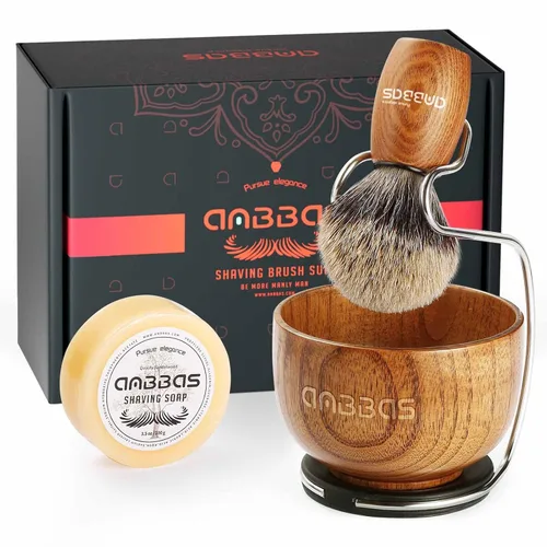 Vista 8 de Kit de afeitado Anbbas con brocha de cerdas de tejón puro, mango de madera negra y barra de jabón recargable de 100g, soporte de afeitado de acero