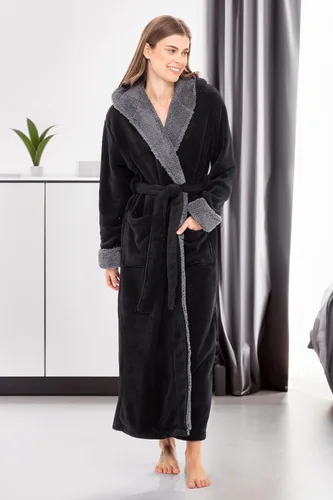 Vista 2 de Alexander Del Rossa - Bata de baño larga de cálido y suave vellón, con capucha, para mujer, para el invierno Negro