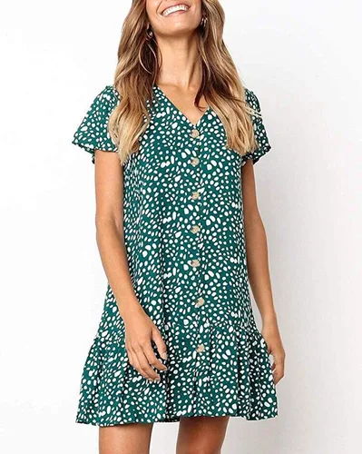 Vista 2 de Chuanqi Minivestido corto con cuello en V y botones para mujer, estilo casual, holgado, con vuelo