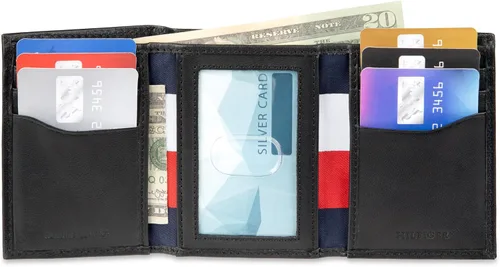 Vista 6 de Tommy Hilfiger - Cartera para hombre, triple pliegue, delgada, incluye ventana de identificación y tarjetero para tarjetas de crédito Rayas negras