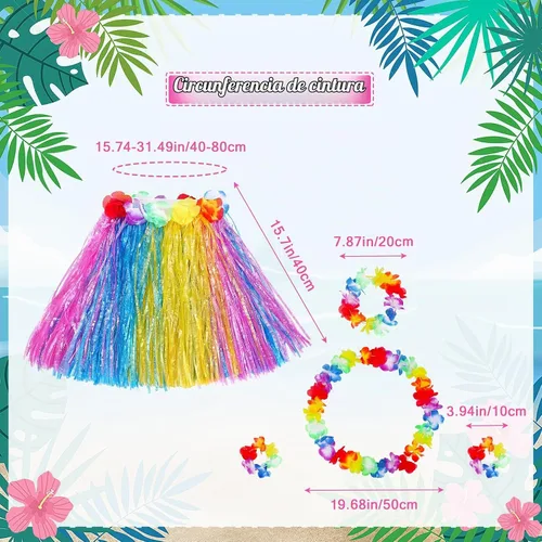 Vista 2 de Fortuning's JDS Falda hawaiana de hierba hula para niña, con flores elásticas a juego, juego de disfraz para fiesta de playa tropical Luau Azul