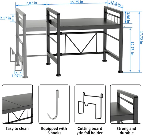 Vista 6 de YIUKEA Estante extensible para horno de microondas, estante ajustable para encimera de cocina, soporte de microondas de 2 niveles