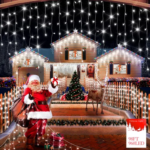 Vista 11 de FLVOECN 480 luces LED de Navidad de 49 pies, enchufables, 8 modos con temporizador, luces de hielo regulables, para exteriores, impermeables