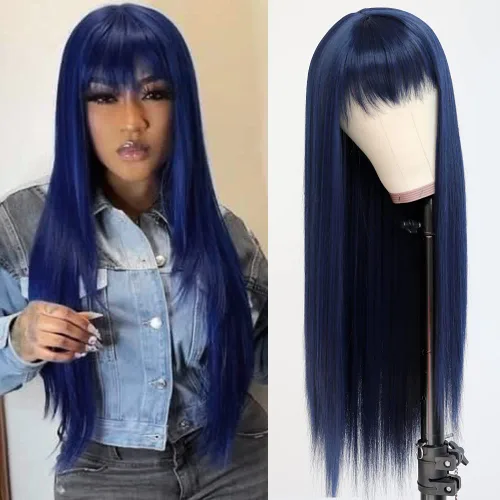 Vista 11 de QD-Tizer Pelucas sintéticas de color rubio ceniza con flequillo, pelucas de cabello largo y lacio, sin pegamento, pelucas sintéticas sin encaje