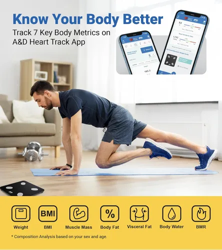 Vista 2 de A&D Medical Báscula inteligente para peso corporal, UC-450BLE, báscula de grasa corporal Bluetooth con IMC, composición corporal, báscula digital