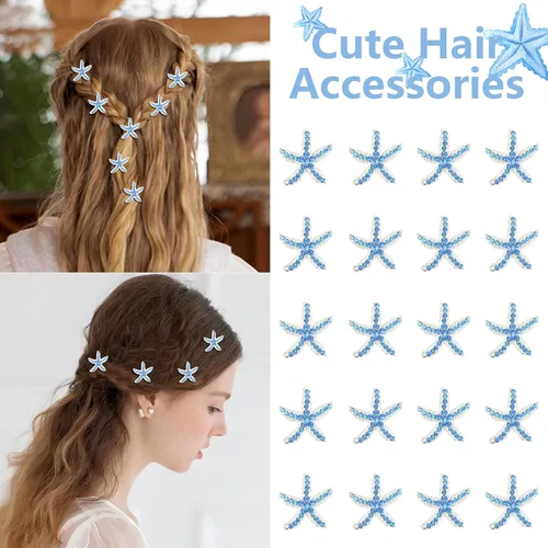 Vista 3 de YISSION Lindos horquillas para el cabello, clips y pasadores con diamantes de imitación, 20 piezas de estrellas de mar azules, pequeños accesorios