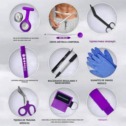 Vista 6 de ASA TECHMED Kit integral de fisioterapia para el hogar – bolsa de transporte, manguito de presión arterial, estetoscopio, cinturón de marcha, morado